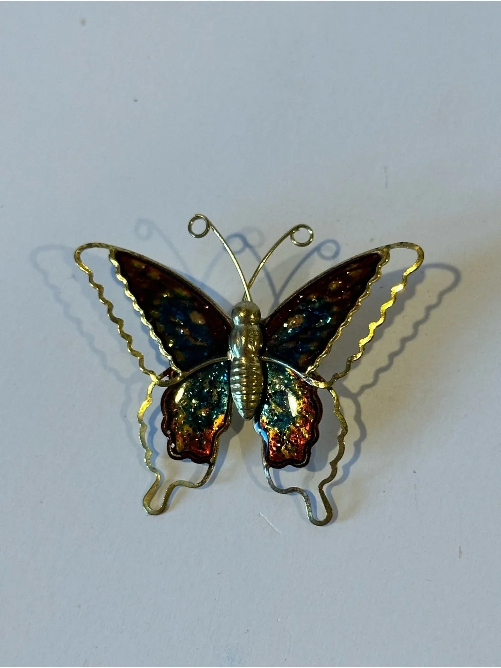 Vintage Butterfly Multicolor Enamel Cloisonne Brooch Pin in Gold Tone